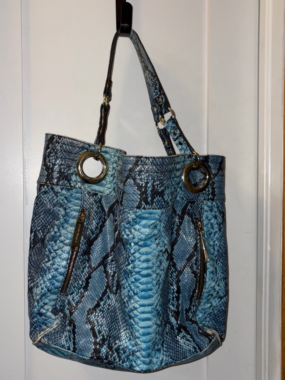 Steve Madden Blue Snake-Print Tote with Gold Rings